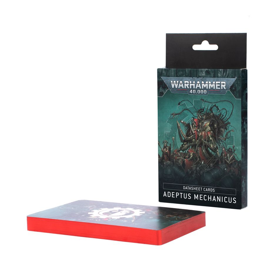 Adeptus Mechanicus datasheet cards shown with a thick stack lying flat, its card edges bright red, beside the upright dark teal hanging package featuring Warhammer 40,000 artwork. The package reads “WARHAMMER 40,000,” “DATASHEET CARDS,” and “ADEPTUS MECHANICUS.”