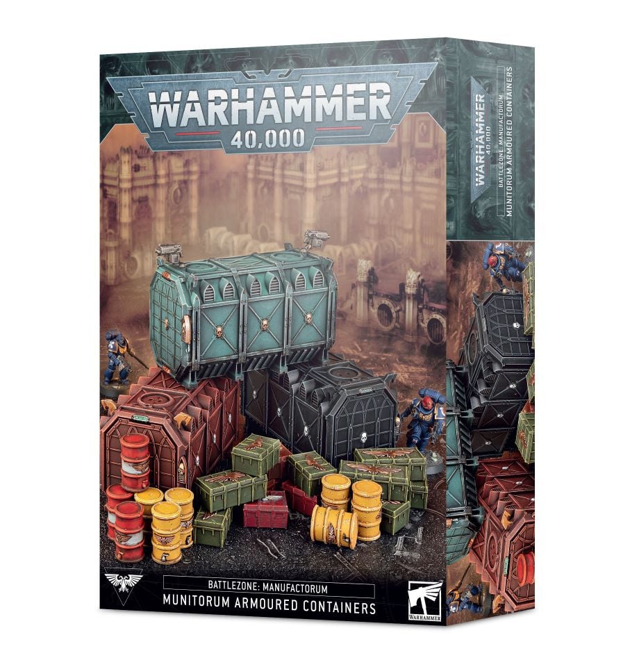 Angled box front and right side for Warhammer 40,000 terrain, illustrated with teal, rust-red and black armored containers, crates, barrels and small armored figures in an industrial scene. The box reads “WARHAMMER 40,000” and “MUNITORUM ARMOURED CONTAINERS.”