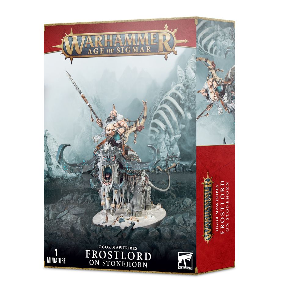 Box for an Ogor Mawtribes Frostlord on Stonehorn miniature, showing an armored rider with a spear atop a tusked, horned beast on rocky ground; the narrow side panel repeats the artwork. The box reads “WARHAMMER AGE OF SIGMAR” and “FROSTLORD ON STONEHORN.”