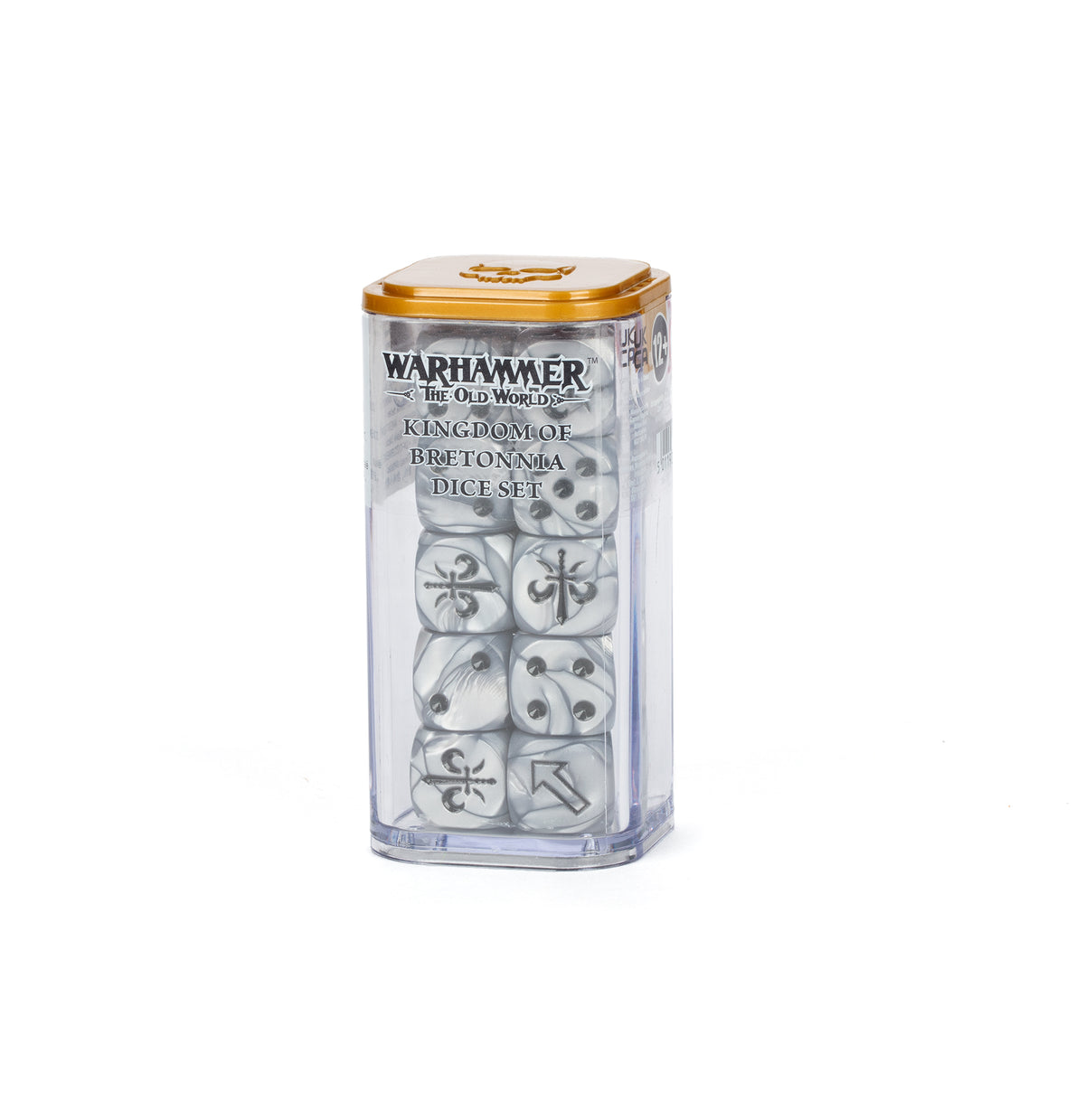 A clear plastic case with a gold lid holds silver marbled six-sided dice with black markings, including fleur-de-lys and sword symbols. The case reads “WARHAMMER THE OLD WORLD” and “KINGDOM OF BRETONNIA DICE SET.”