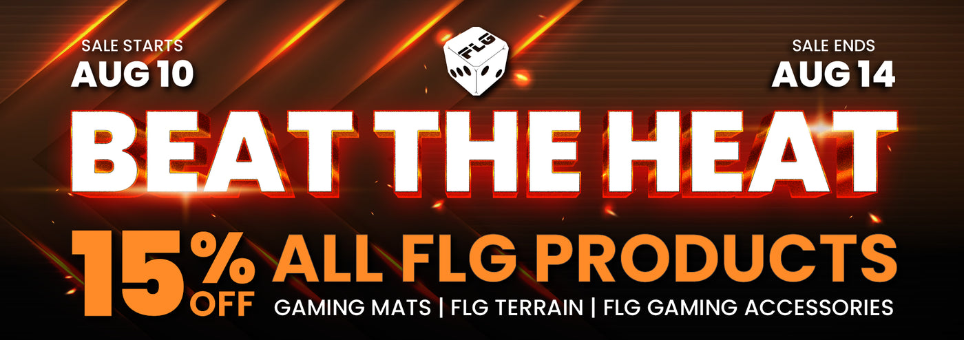 Promotional banner for FLG accessories with the text 'BEAT THE HEAT', '15% OFF', 'ALL FLG ACCESSORIES', and sale dates August 1 to August 4 on a dark orange and black background.