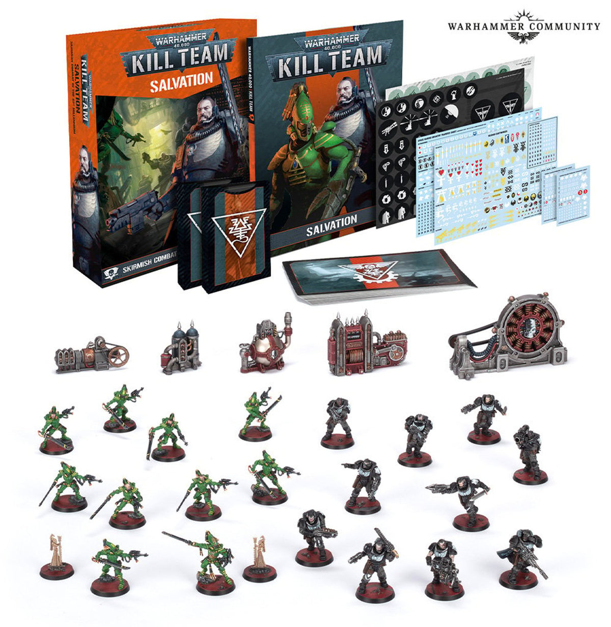Kill Team: Salvation set arranged on white, with two illustrated boxes, cards, tokens and decal sheets, gray industrial terrain pieces, and rows of green and dark-armored miniatures on round bases. The boxes read “KILL TEAM” and “SALVATION.”