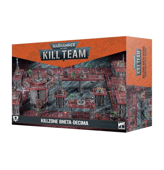 Box for Kill Zone: Bheta-Decima terrain, shown from the front and right side. The orange-red packaging features artwork of a dense gray industrial battlefield with red gantries and platforms, and the text “KILL TEAM” and “KILLZONE BHETA-DECIMA.”