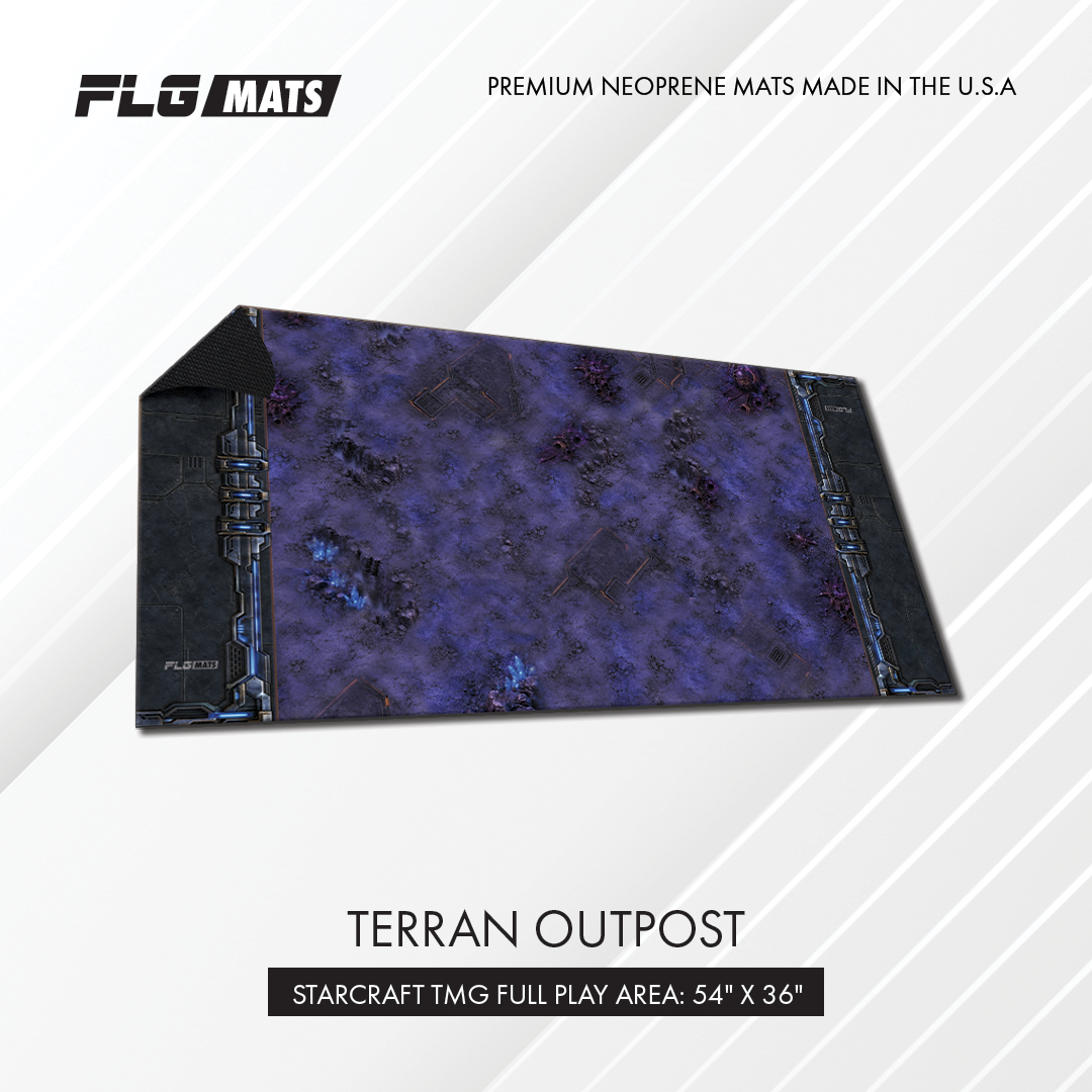 FLG Terran Outpost premium neoprene gaming mat for StarCraft: Tabletop Miniatures Game, 6' x 3' with a 54 x 36 inch play area.