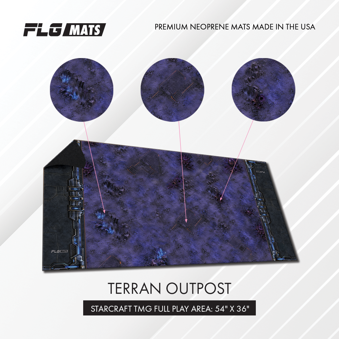 FLG Terran Outpost 6' x 3' neoprene gaming mat for StarCraft TMG, with a 54 x 36 inch battlefield and additional tabletop space.