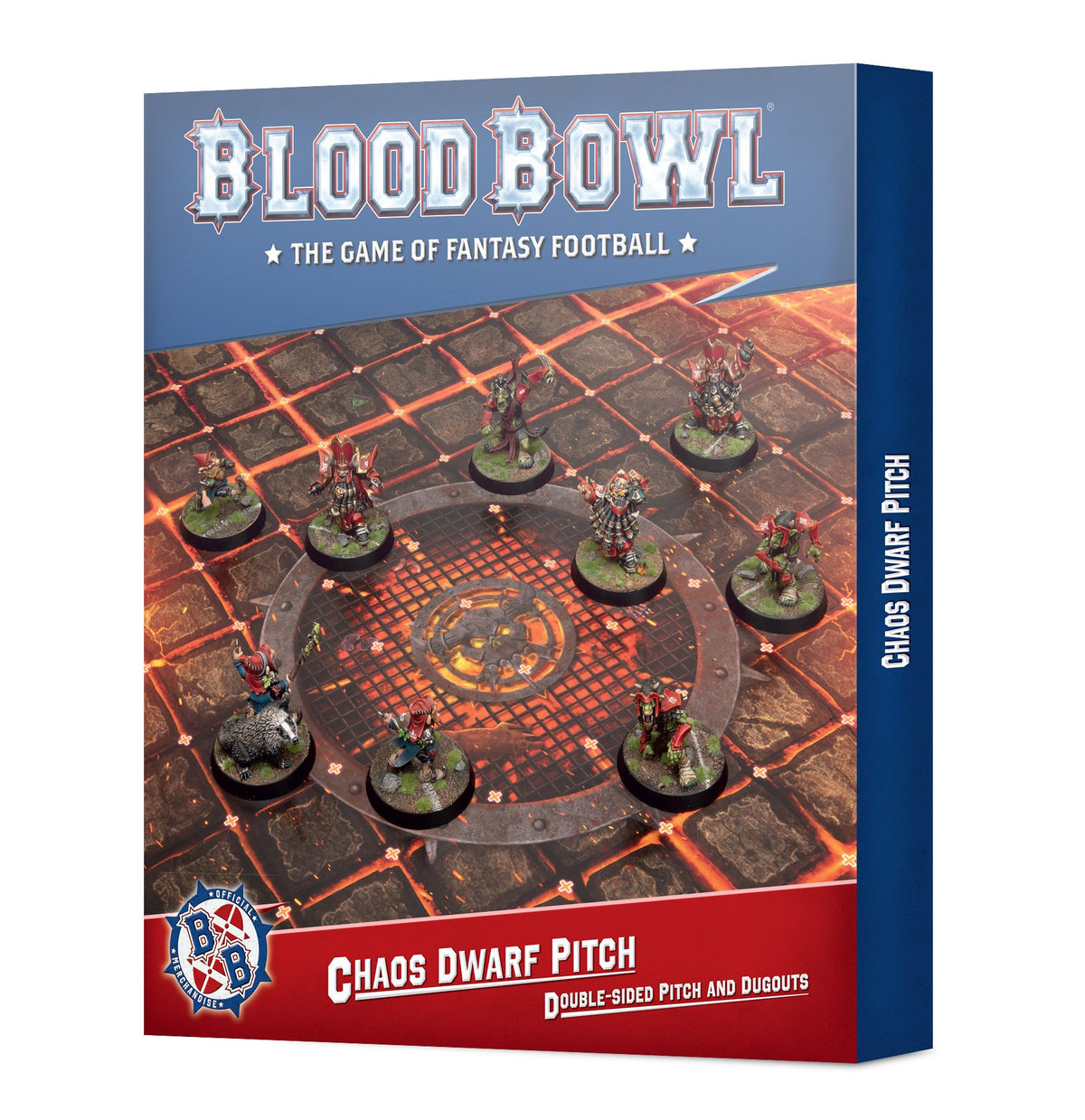 Box front for the Blood Bowl Chaos Dwarf pitch and dugouts set, illustrated with a dark, orange-red gridded field, a circular center and several armored fantasy player miniatures. The box reads “BLOOD BOWL” and “CHAOS DWARF PITCH.”