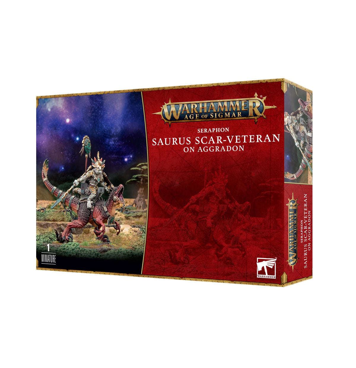 A red, gold-trimmed miniature box shown at an angle, with artwork of an armored reptilian rider on a red Aggradon against a starry landscape. The front reads “Warhammer Age of Sigmar” and “Saurus Scar-Veteran on Aggradon”; the narrow side panel repeats the product name.