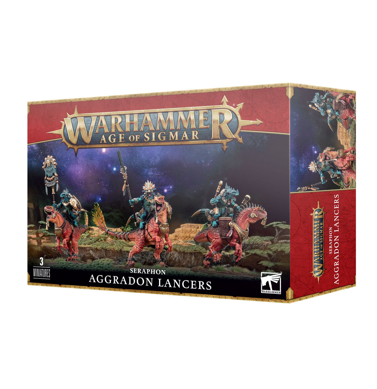 Box for three Seraphon Aggradon Lancers, with colorful artwork of reptilian riders carrying lances across the front and additional figures on the side panel. The box reads “WARHAMMER AGE OF SIGMAR” and “AGGRADON LANCERS.”