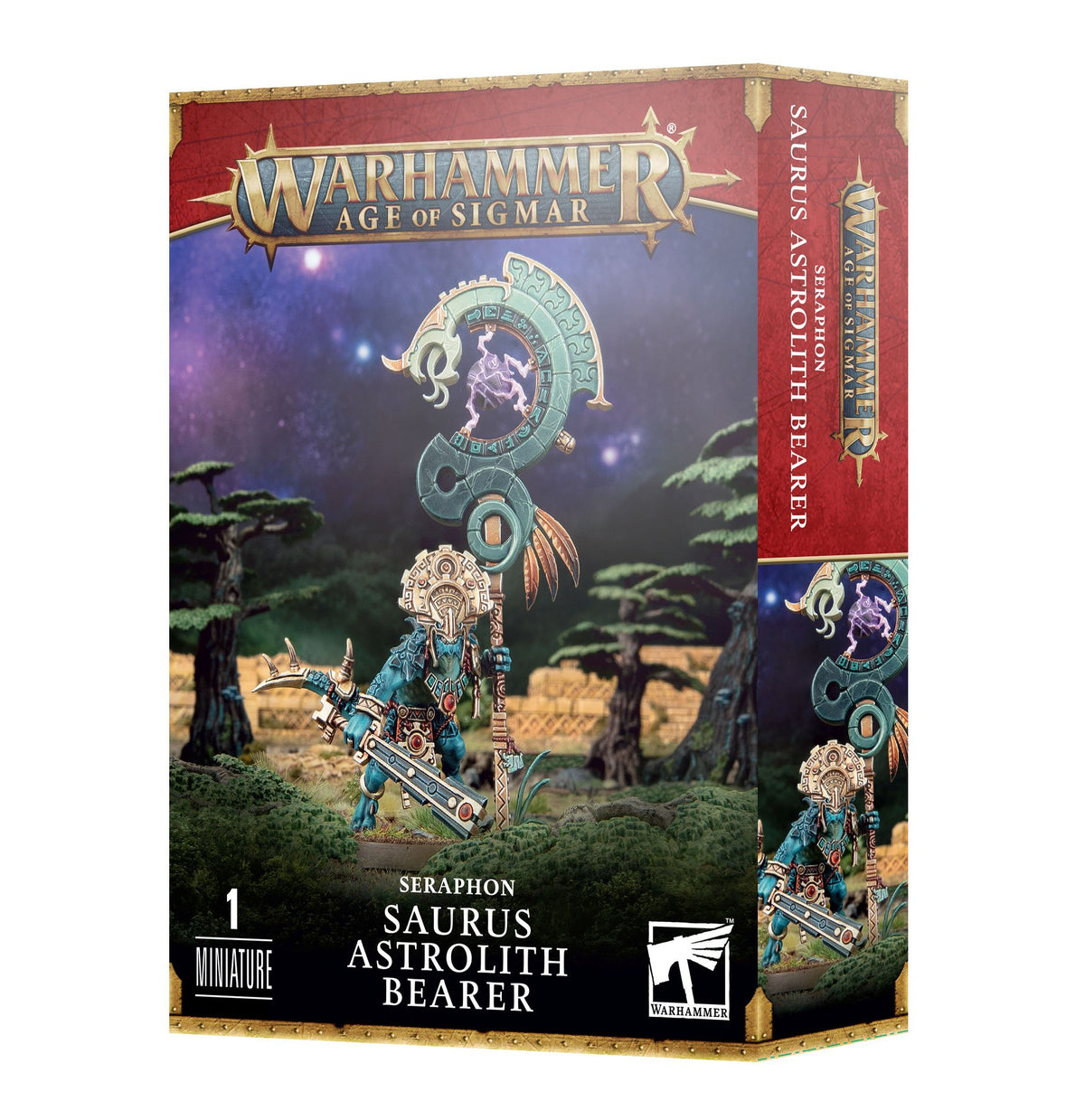 Red, black and gold Warhammer miniature box shown from the front and right side. The artwork depicts a blue reptilian warrior carrying an ornate celestial standard and sword; the front reads “WARHAMMER AGE OF SIGMAR” and “SAURUS ASTROLITH BEARER.”