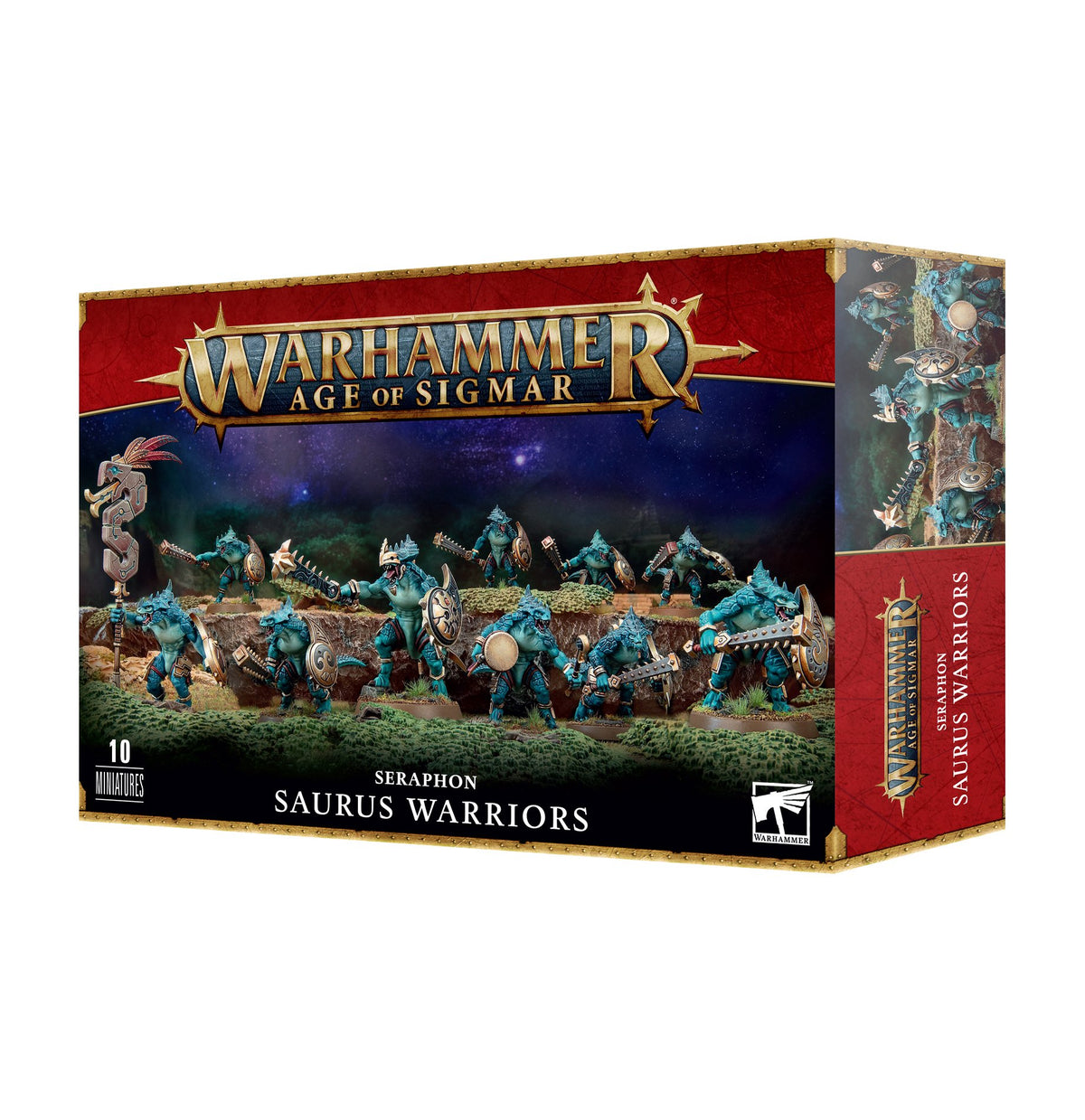 Box for Seraphon Saurus Warriors miniatures, shown at an angle with the front and right side visible. Red, navy and gold packaging depicts blue-green reptilian warriors carrying weapons; the front reads “WARHAMMER AGE OF SIGMAR” and “SAURUS WARRIORS.”