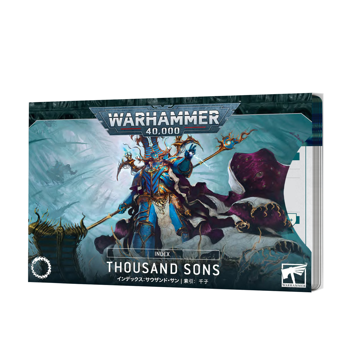 A boxed stack of Thousand Sons index cards shown at an angle, with a blue-and-gold armored figure holding a staff against a dark teal fantasy scene on the cover. The cover reads “WARHAMMER 40,000” and “INDEX THOUSAND SONS.”