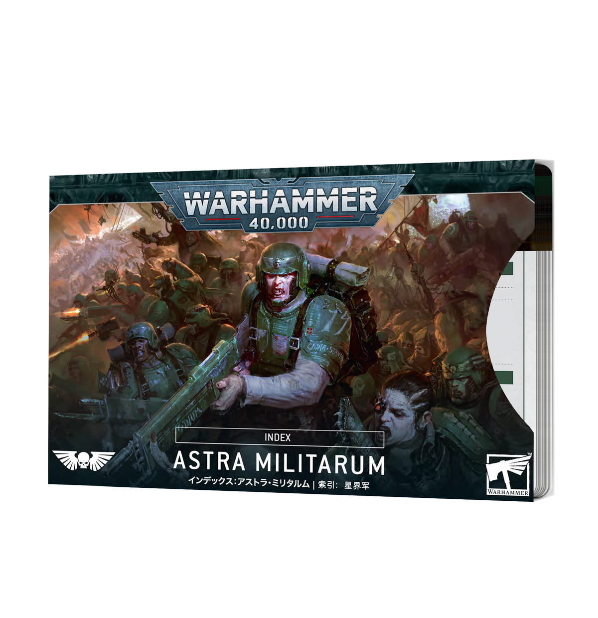 A box of Astra Militarum index cards shown at an angle, with card edges visible behind the front cover. The cover depicts armored soldiers in battle and reads “WARHAMMER 40,000” and “ASTRA MILITARUM.”
