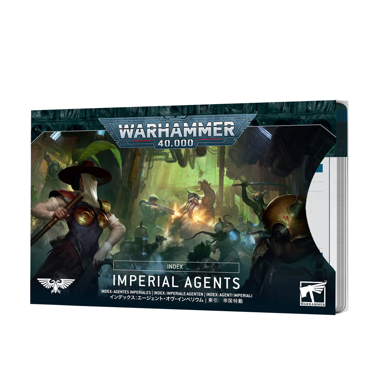 A stack of Imperial Agents index cards shown at an angle, with the front cover depicting masked, armored figures in a green-lit battle scene. The cover reads “WARHAMMER 40,000,” “INDEX,” and “IMPERIAL AGENTS,” with white faction emblems along the bottom.