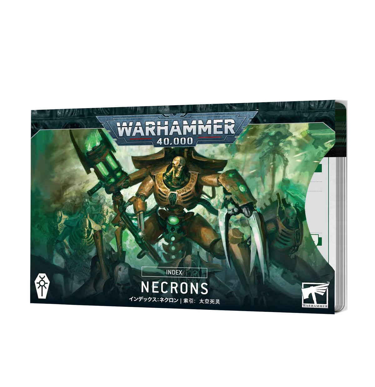 Necrons index cards in a rectangular box, shown at an angle with the white card edges visible behind the right side. The dark green cover depicts metallic skeletal warriors and reads “WARHAMMER 40,000” and “INDEX NECRONS.”