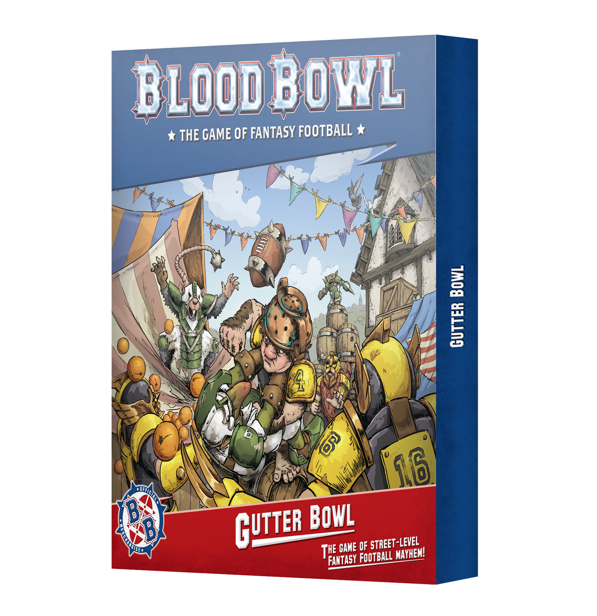 Angled blue Blood Bowl game box with colorful fantasy football players colliding in a crowded street scene. The front reads “BLOOD BOWL” and “GUTTER BOWL” on a red lower band; the side also reads “GUTTER BOWL.”