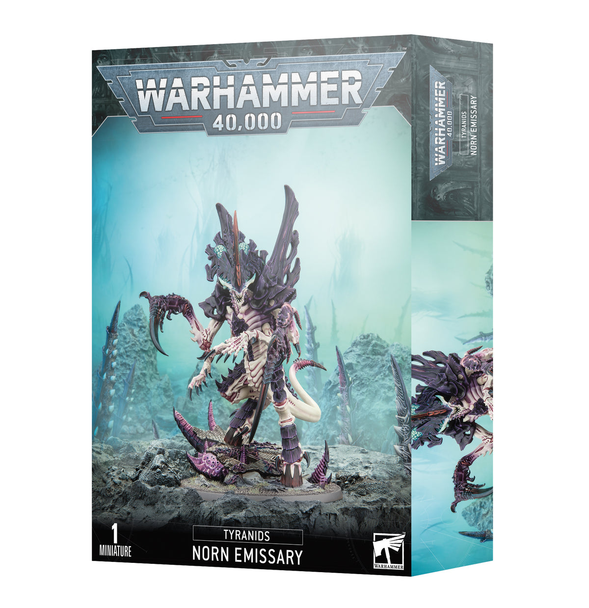 Warhammer 40,000 Tyranids Norn Emissary miniature box, shown from the front and right side. The artwork features a towering purple and ivory alien creature with bladed limbs on a rocky base; the front reads “WARHAMMER 40,000” and “NORN EMISSARY.”