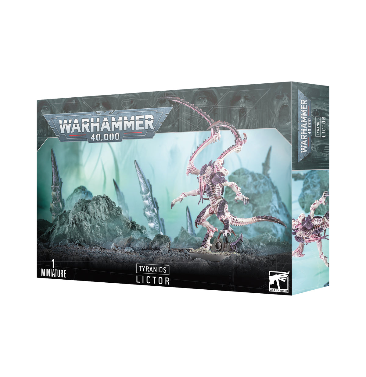 Box for a Tyranids Lictor miniature, shown from the front and right side. The artwork depicts a pinkish, many-limbed alien with curved scythe-like appendages in a rocky blue-green landscape; the front reads “WARHAMMER 40,000” and “TYRANIDS LICTOR.”