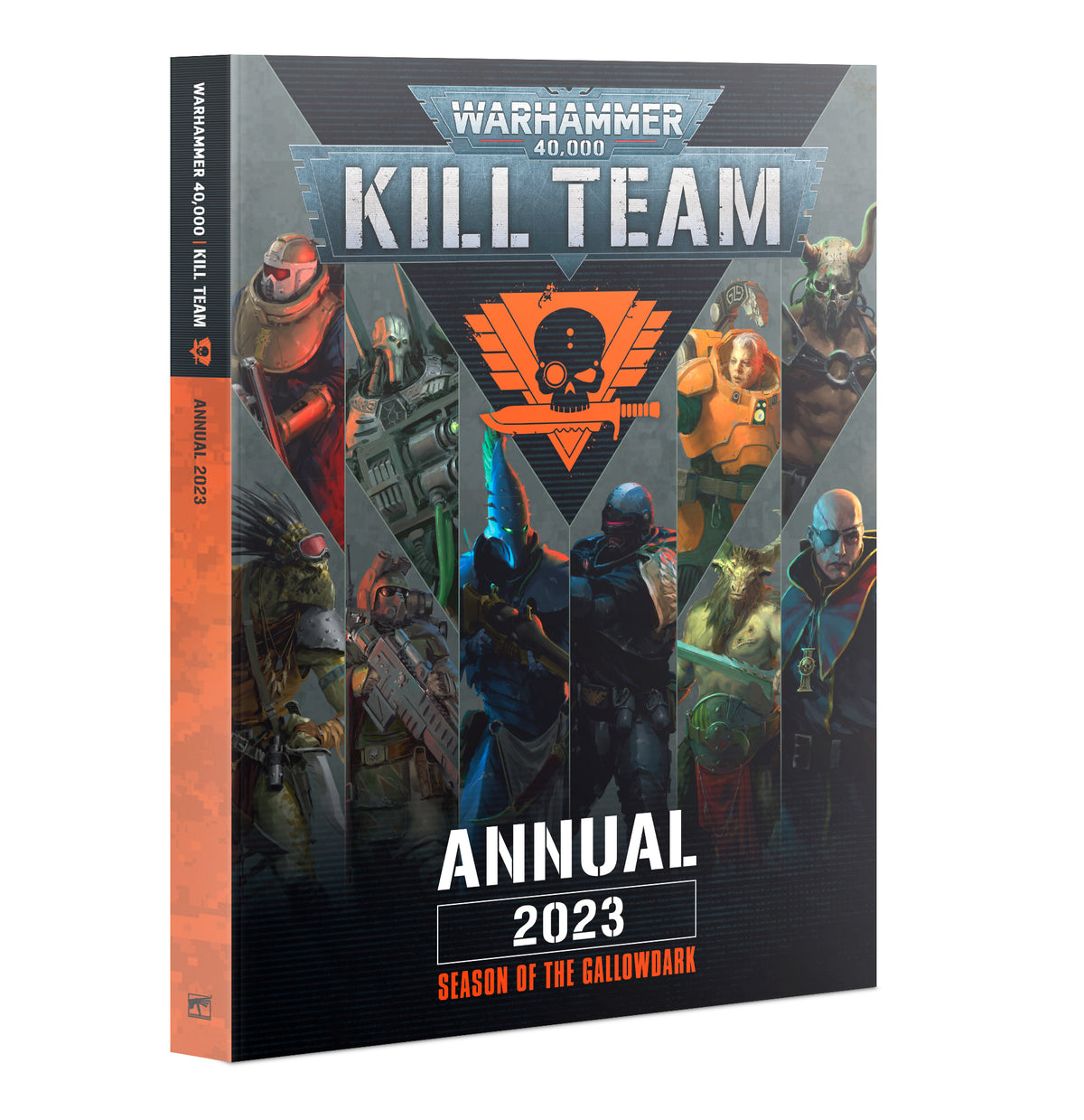 Upright dark gray Kill Team book with an orange spine and a collage of armored sci-fi characters around an orange skull emblem. The cover reads “WARHAMMER 40,000,” “KILL TEAM,” and “ANNUAL 2023.”