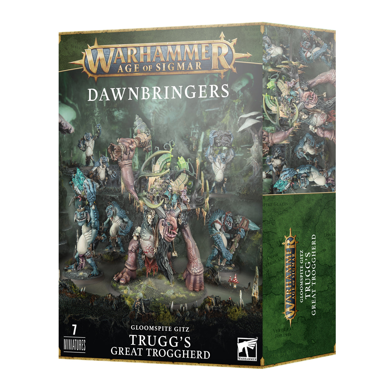 Box for Gloomspite Gitz: Trugg’s Great Troggherd, shown from the front and right side, with painted fantasy troggoth miniatures on a dark green battlefield. The front reads “WARHAMMER AGE OF SIGMAR,” “DAWNBRINGERS,” and “7 MINIATURES.”