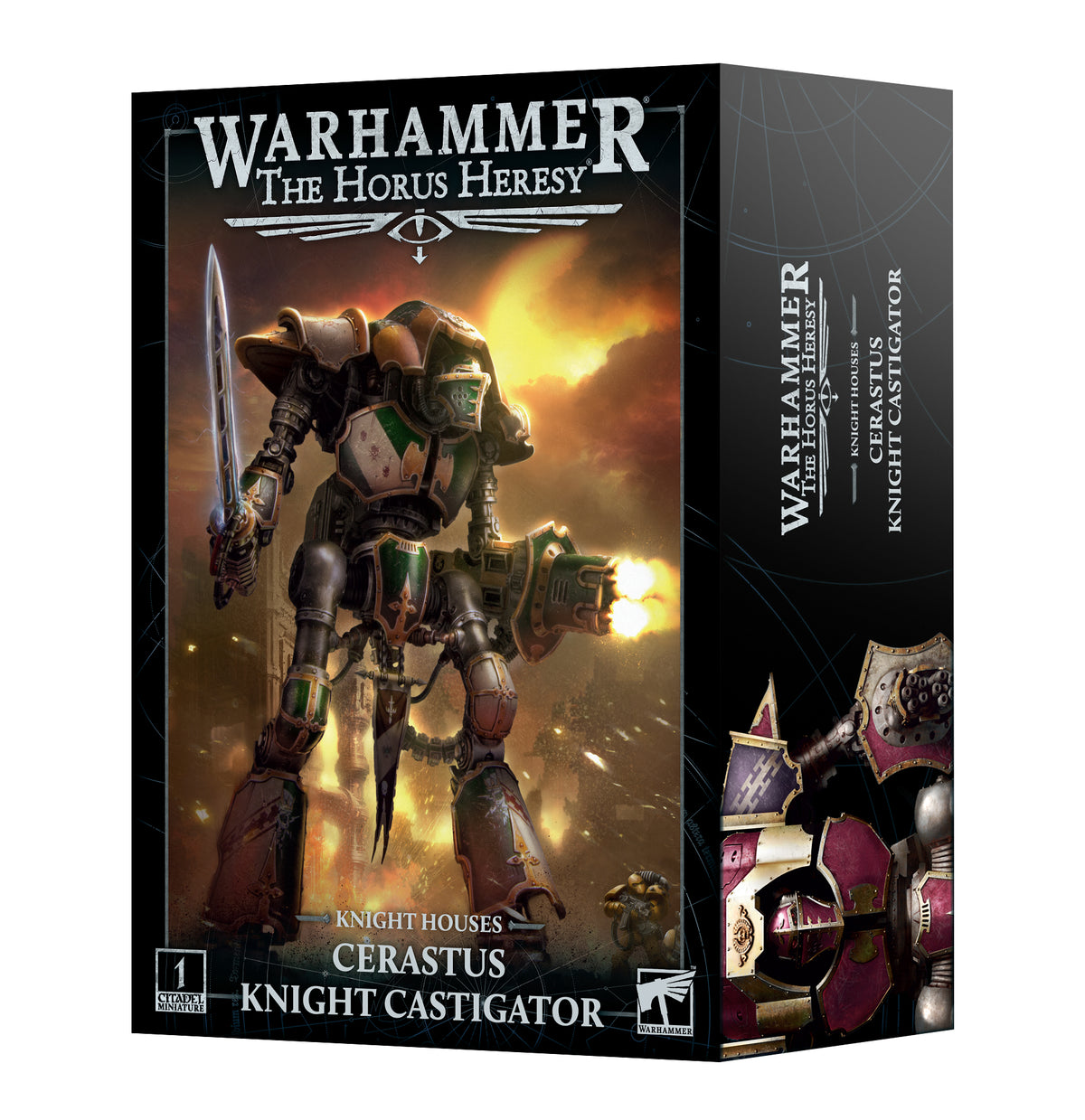 Box for a Cerastus Knight Castigator miniature, shown from the front and right side. The front depicts a towering green, bronze and red armored knight wielding a sword and firing a gun against a fiery background, with text “WARHAMMER THE HORUS HERESY” and “KNIGHT HOUSES CERASTUS KNIGHT CASTIGATOR.”