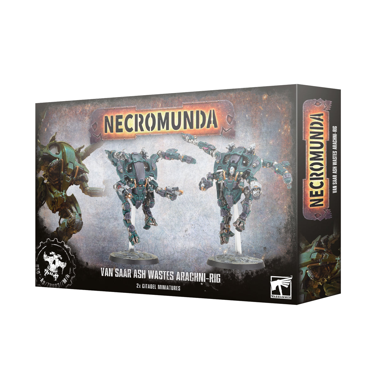 Box for Van Saar Ash Wastes Arachni-Rig miniatures, shown from the front and right side. The weathered gray package depicts two teal armored mechanical rigs and reads “NECROMUNDA” and “VAN SAAR ASH WASTES ARACHNI-RIG.”
