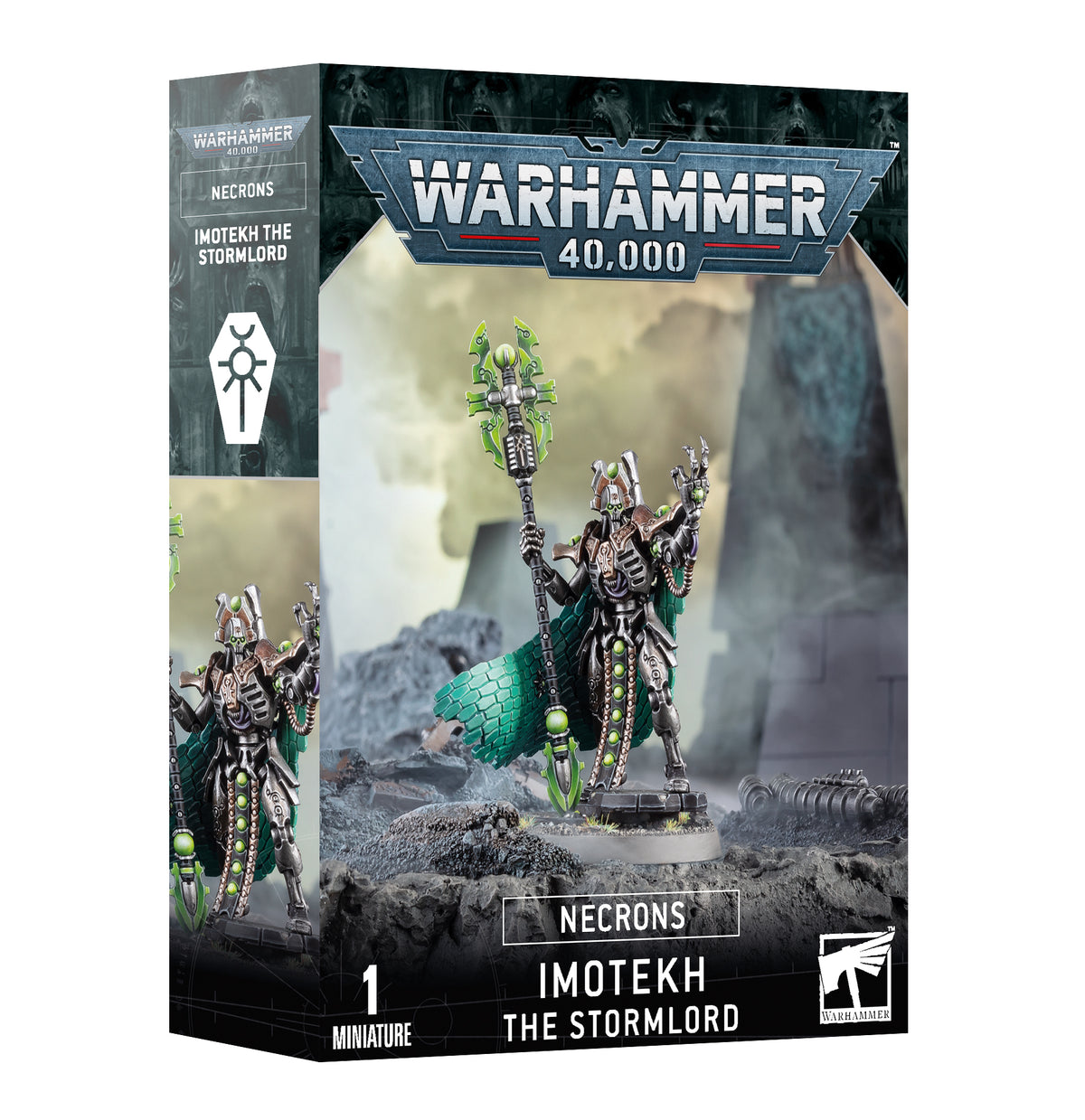 Box for a Necrons miniature, shown from the front and left side. The artwork features a silver skeletal warrior with bright green accents, a staff and teal cape on a rocky battlefield; the box reads “WARHAMMER 40,000,” “NECRONS” and “IMOTEKH THE STORMLORD.”