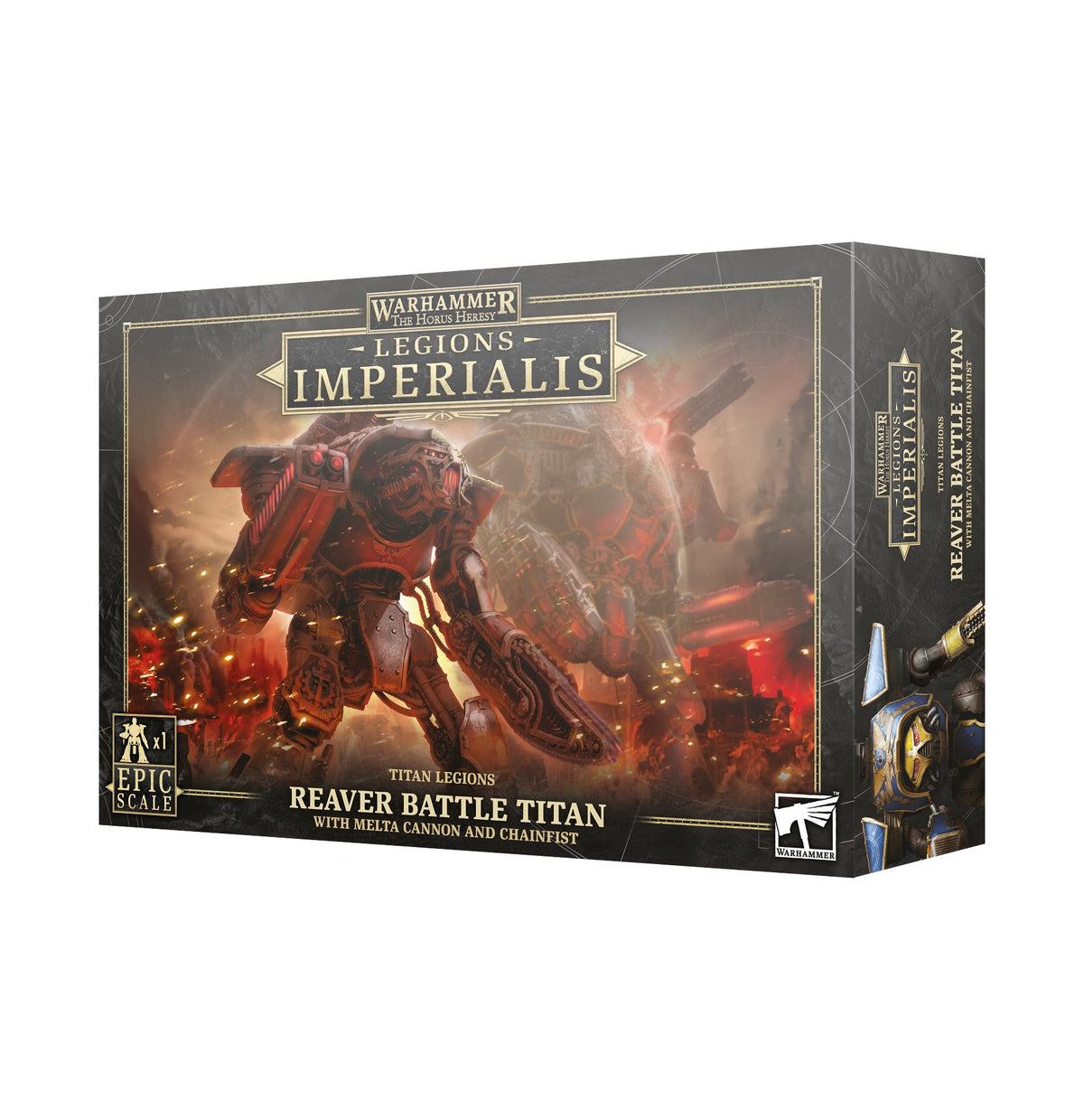 Box for a Legions Imperialis Reaver Battle Titan, shown from the front and right side. The dark packaging features a red-and-metallic Titan amid fiery battlefield artwork and the text “LEGIONS IMPERIALIS” and “REAVER BATTLE TITAN.”