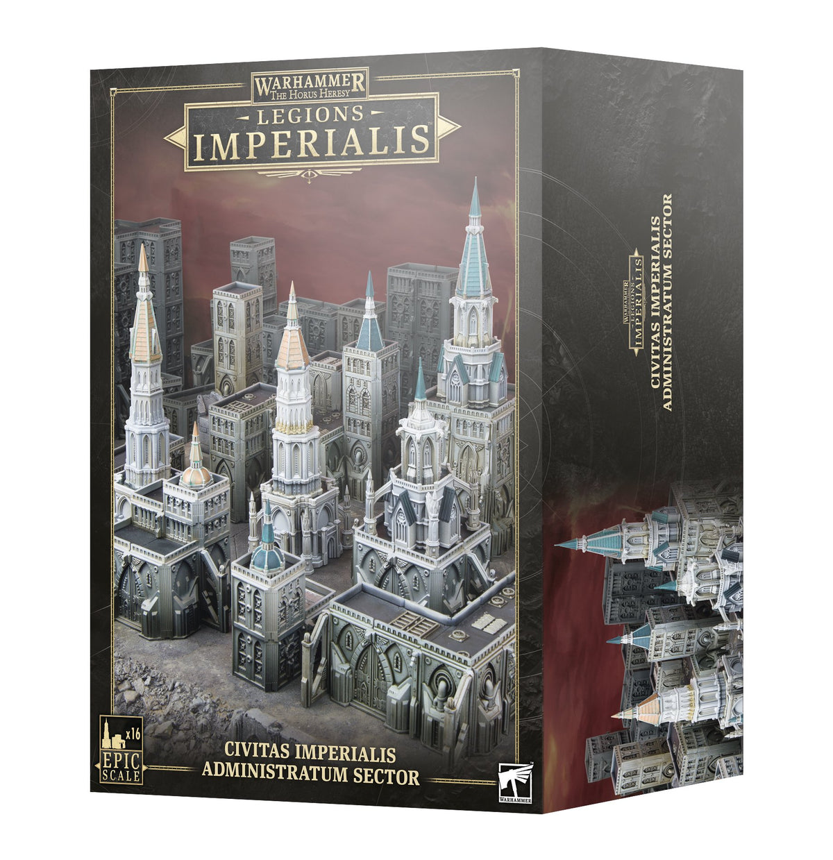 Box for a miniatures terrain set, showing a dense city of gray Gothic buildings with white towers, turquoise spires and gold accents. The front reads “WARHAMMER THE HORUS HERESY,” “LEGIONS IMPERIALIS” and “CIVITAS IMPERIALIS ADMINISTRATUM SECTOR”; the side repeats the set name.