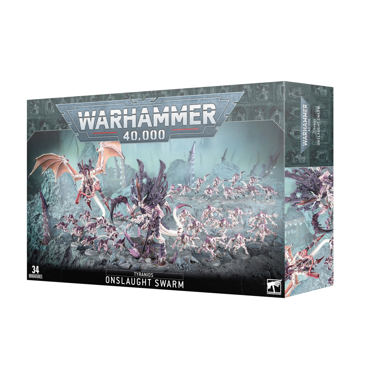 Angled view of a Games Workshop Tyranids army box, showing its front and right side. The artwork features large winged and spiky alien creatures leading a swarm of smaller pale pink and purple figures; prominent text reads “WARHAMMER 40,000” and “ONSLAUGHT SWARM.”