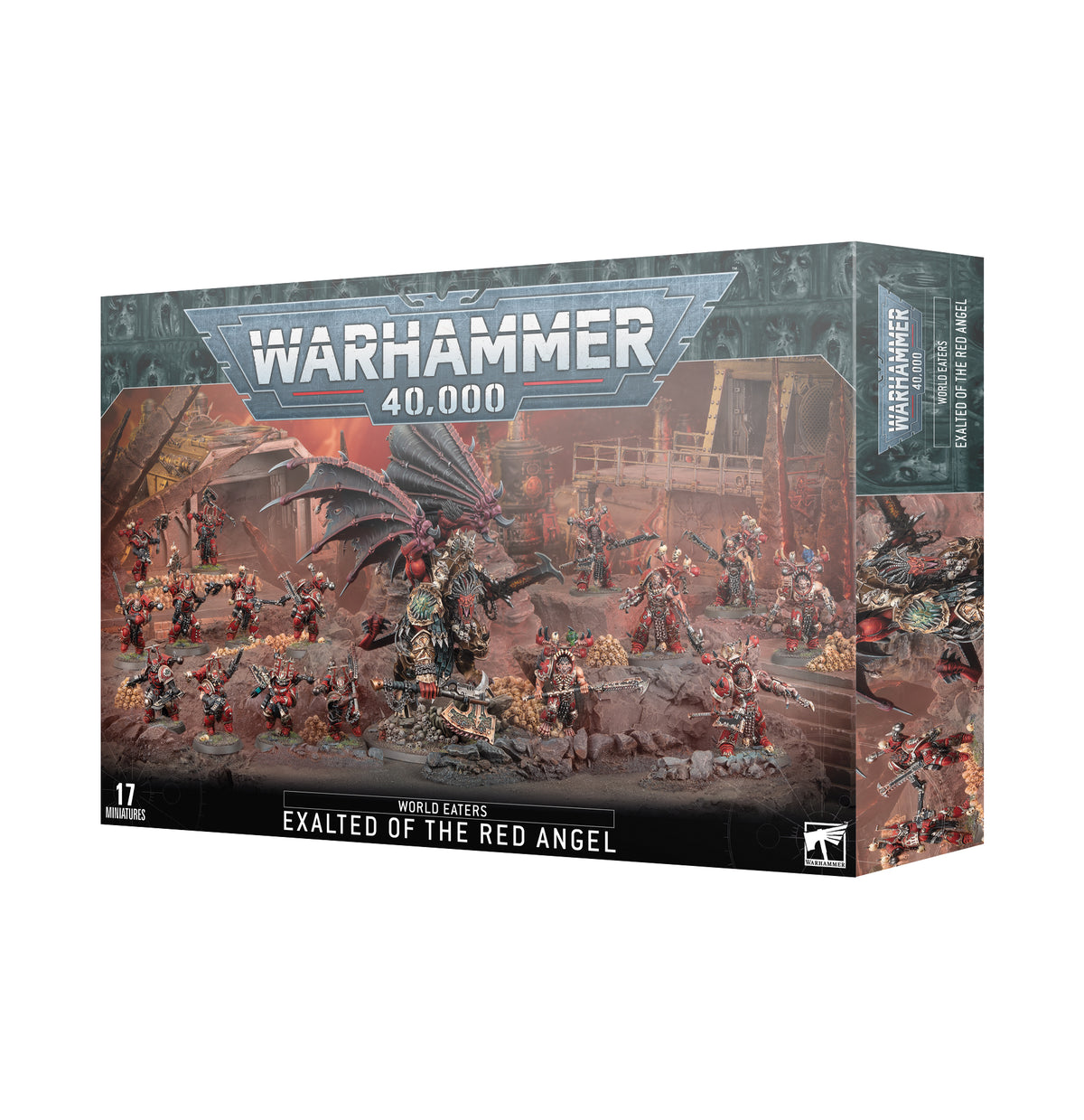 Angled view of a Warhammer 40,000 army box, showing the front and right side. The front artwork depicts red-and-black armored warriors and a large winged figure in a battle scene; text reads “WARHAMMER 40,000” and “WORLD EATERS EXALTED OF THE RED ANGEL.”
