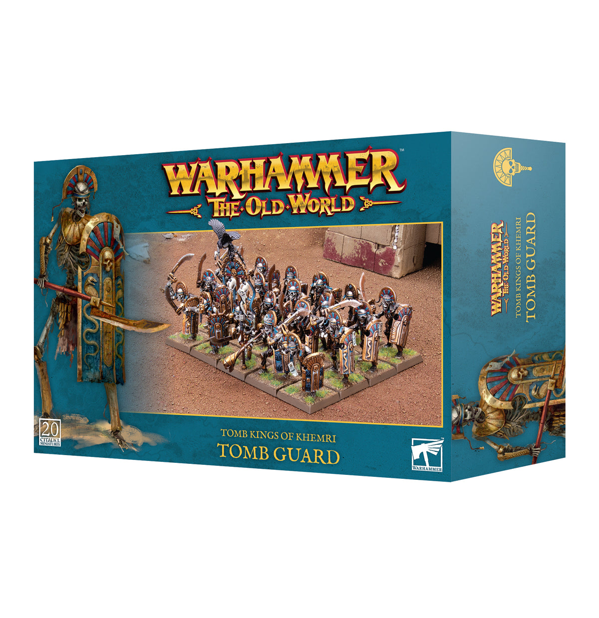 Turquoise Tomb Guard miniatures box shown at an angle, with artwork of a skeletal warrior and a group of armored figures carrying weapons and shields. The front reads “WARHAMMER THE OLD WORLD” and “TOMB KINGS OF KHEMri: TOMB GUARD.”