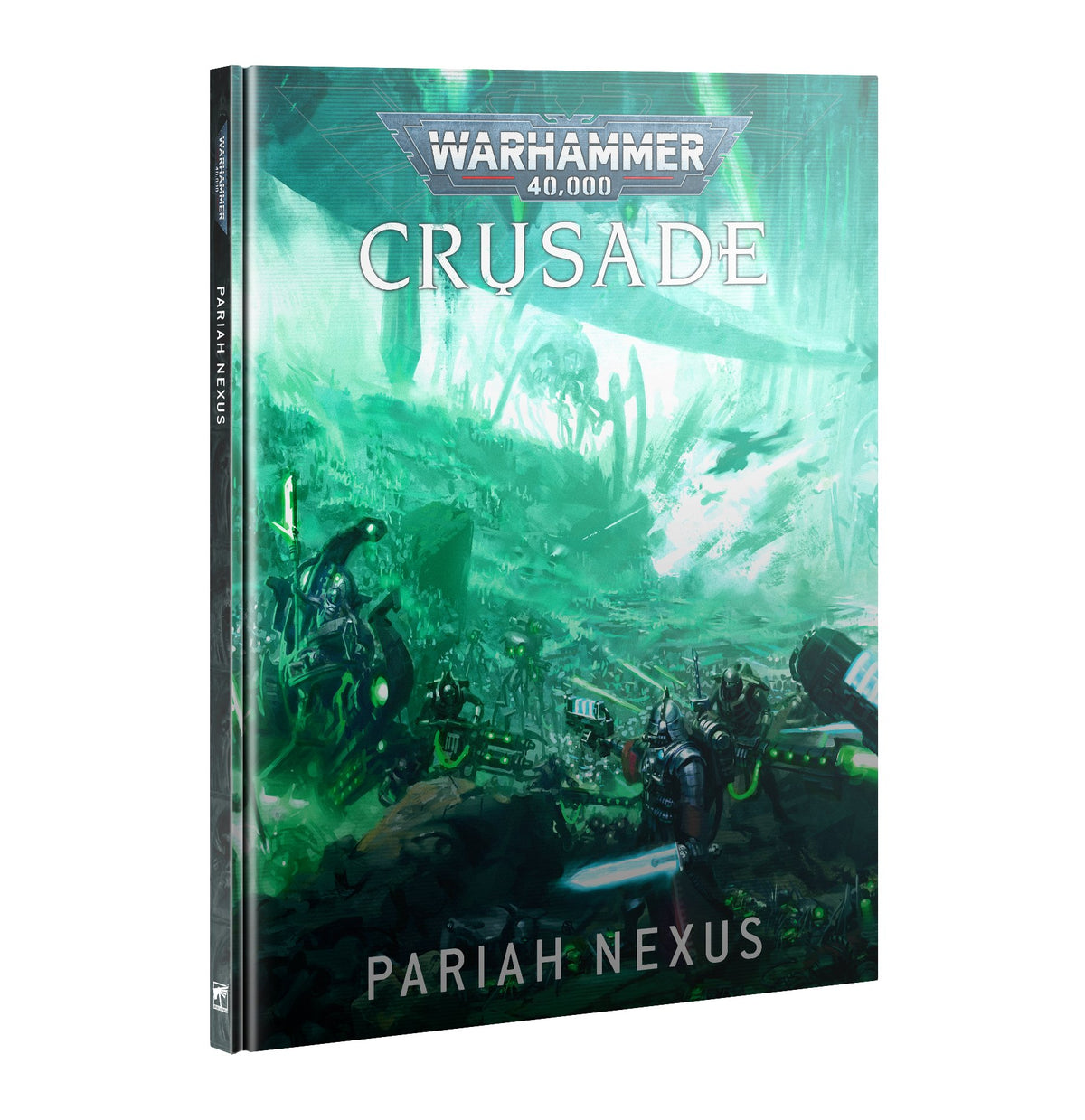 A hardcover Warhammer 40,000 game book shown upright, with a visible dark spine and turquoise-green sci-fi battle artwork on the front. The cover reads “WARHAMMER 40,000,” “CRUSADE,” and “PARIAH NEXUS,” above armored figures in a glowing landscape.