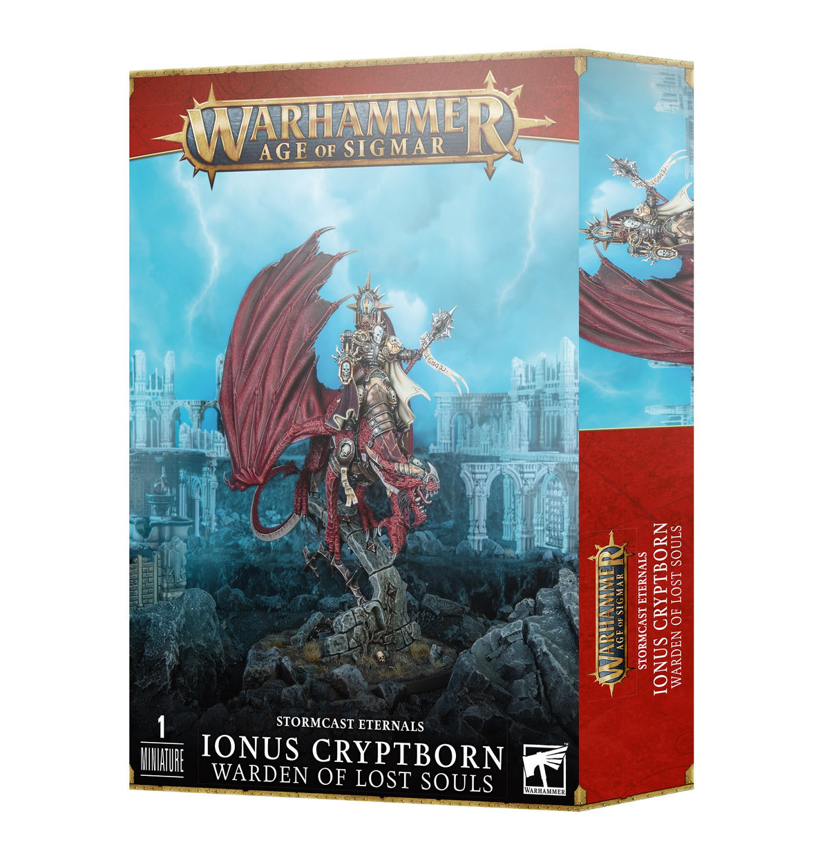 Box for one Stormcast Eternals miniature, showing an armored figure riding a red, winged dragon against a blue ruined-city backdrop; the side panel repeats the artwork. The front reads “WARHAMMER AGE OF SIGMAR,” “IONUS CRYPTBORN,” and “WARDEN OF LOST SOULS.”