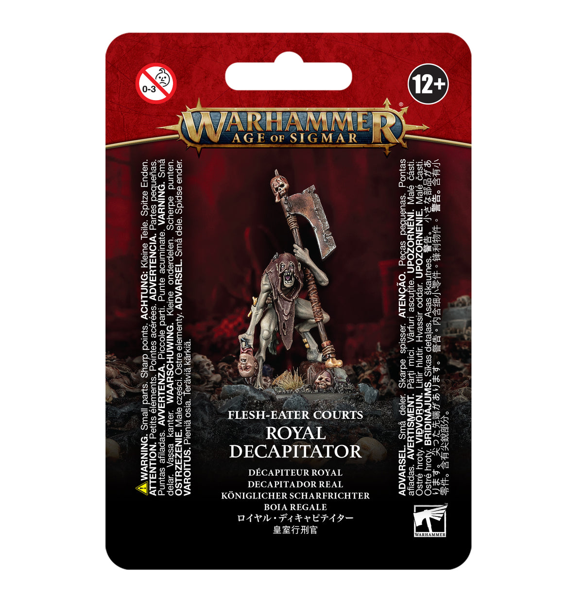 Front of a red-and-black Warhammer Age of Sigmar package showing a gaunt, snarling Royal Decapitator miniature raising a large axe, with severed heads and rocks around its feet. The package reads “WARHAMMER AGE OF SIGMAR” and “ROYAL DECAPITATOR.”