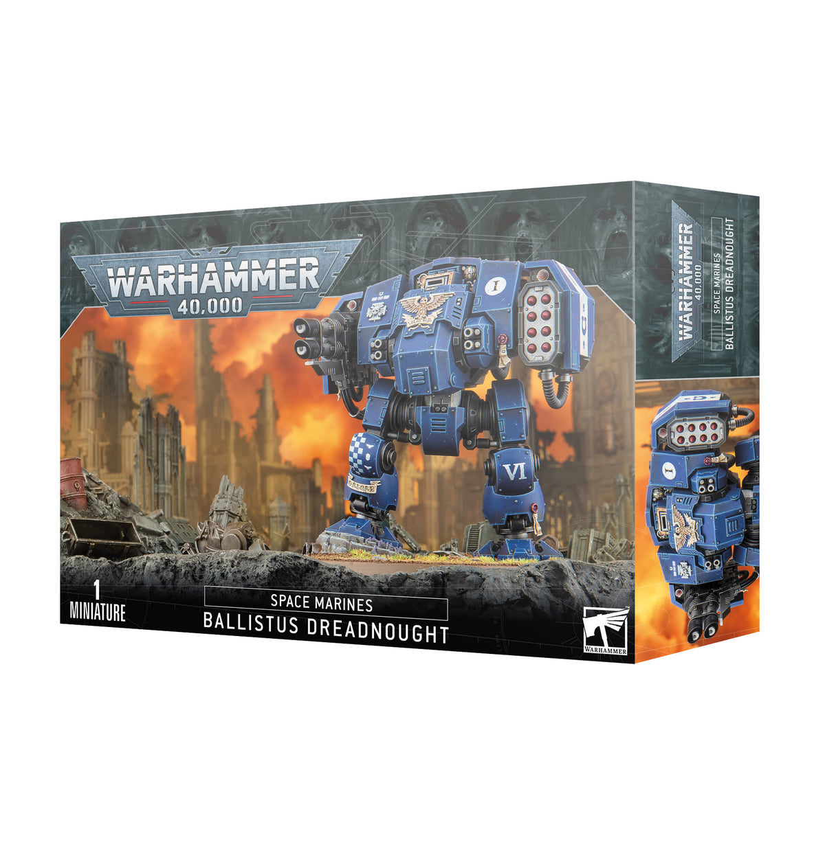 Box for a Space Marines Ballistus Dreadnought miniature, showing a heavily armored blue robot against an orange, ruined-city battlefield. The front reads “WARHAMMER 40,000” and “BALLISTUS DREADNOUGHT”; the right side shows another view of the miniature.