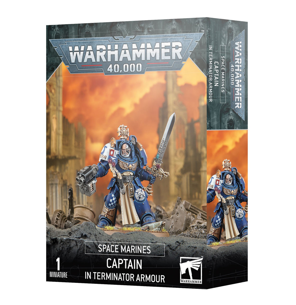 Box for a Space Marines Captain in Terminator Armour miniature, shown from the front and right side. The artwork features a blue-and-white armored figure holding a gun and sword against an orange battlefield, with the text “WARHAMMER 40,000” and “CAPTAIN IN TERMINATOR ARMOUR.”