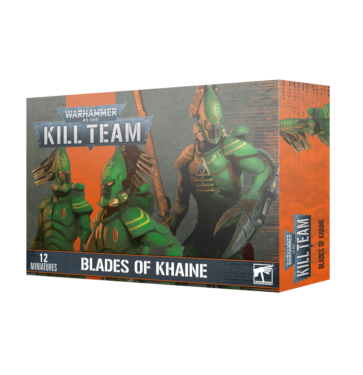 Box for a Warhammer 40,000 Kill Team miniatures set, shown at an angle with the front and right side visible. The gray and orange packaging depicts green-armored warriors and reads “KILL TEAM,” “12 MINIATURES,” and “BLADES OF KHAINE.”