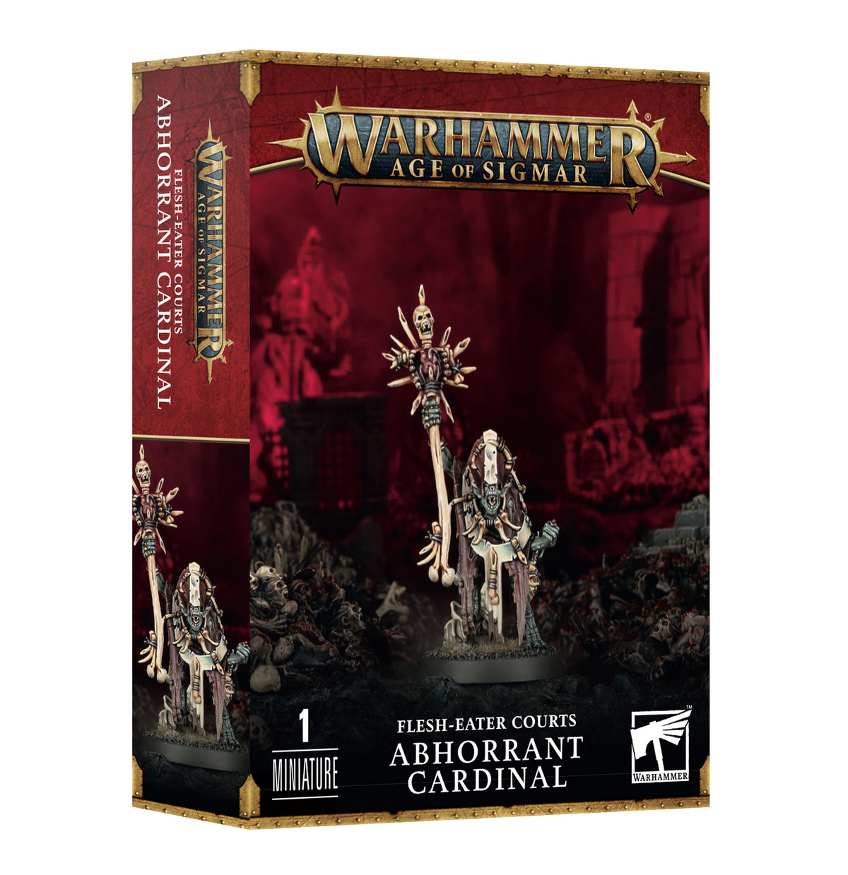 A red, black and gold Games Workshop box shows a pale, skeletal fantasy cleric miniature holding a tall skull-topped staff, with spiked armor and a round base. The front and side panels read “WARHAMMER AGE OF SIGMAR” and “ABHORRANT CARDINAL.”