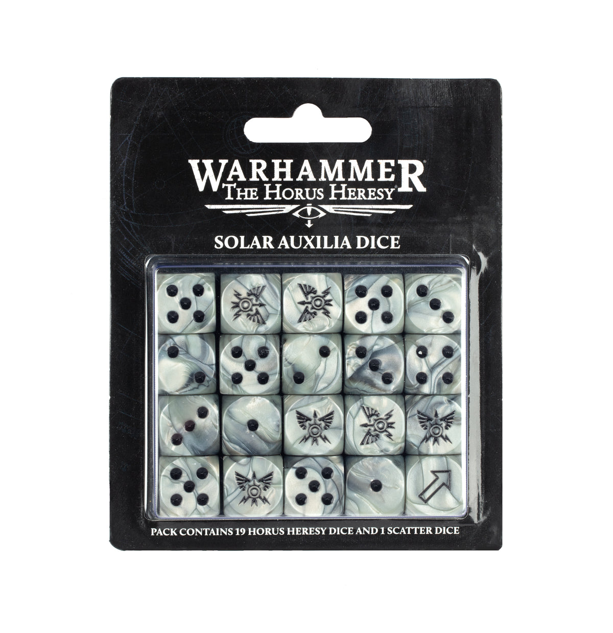 A black-backed clear package displays 20 pearlescent gray dice with black swirls: 19 standard dice with black pips and winged emblems, plus one scatter die marked with an arrow. The card reads “WARHAMMER The Horus Heresy” and “SOLAR AUXILIA DICE.”