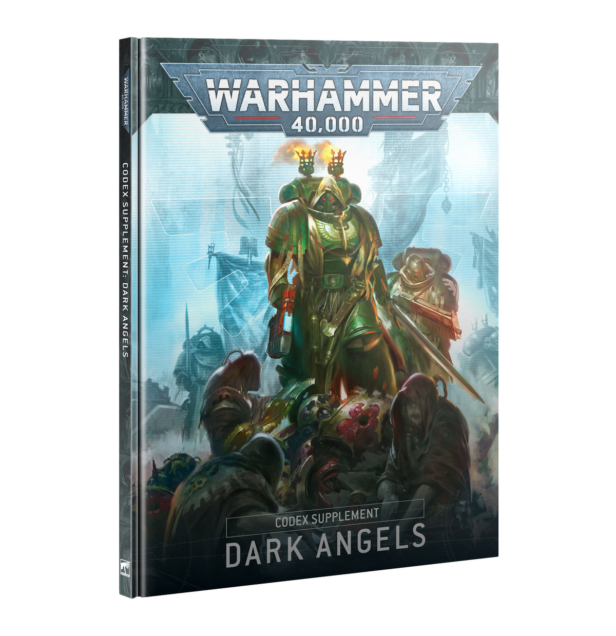 Front cover of the Codex Supplement: Dark Angels book, shown upright at an angle. The artwork depicts armored figures in dark green and black, with “WARHAMMER 40,000” at the top and “CODEX SUPPLEMENT DARK ANGELS” along the bottom.