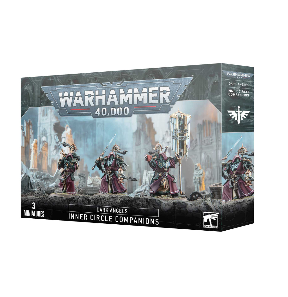 Box for Dark Angels: Inner Circle Companions miniatures, shown from the front and right side. The artwork depicts three armored warriors in dark green and burgundy robes against ruined architecture; the box reads “WARHAMMER 40,000,” “DARK ANGELS,” “INNER CIRCLE COMPANIONS” and “3 MINIATURES.”