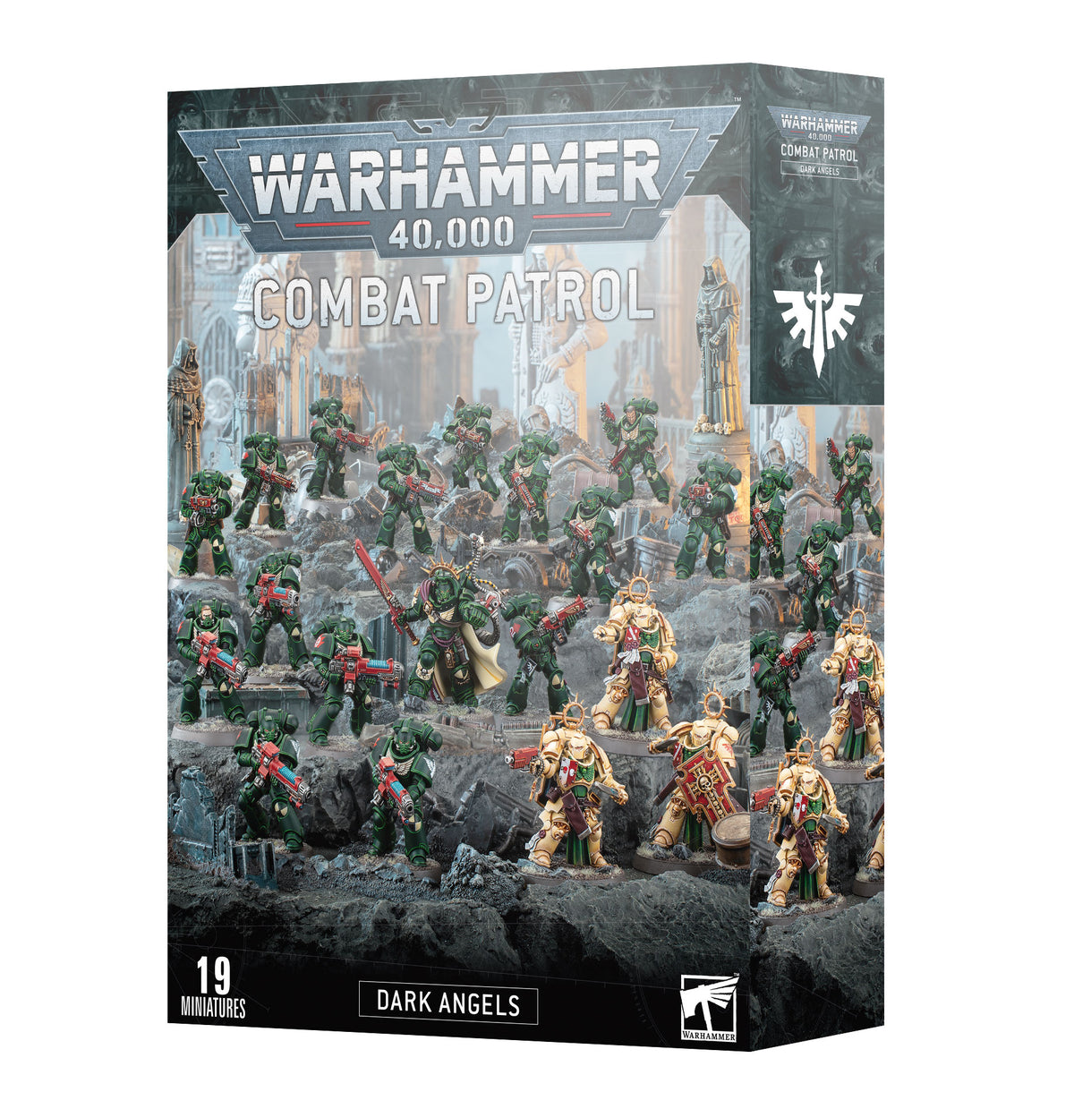 Dark Angels Combat Patrol miniature set box shown at a slight angle, with artwork of green and cream-armored figures fighting across a rocky battlefield. The front reads “WARHAMMER 40,000,” “COMBAT PATROL” and “DARK ANGELS,” and shows a white winged insignia.