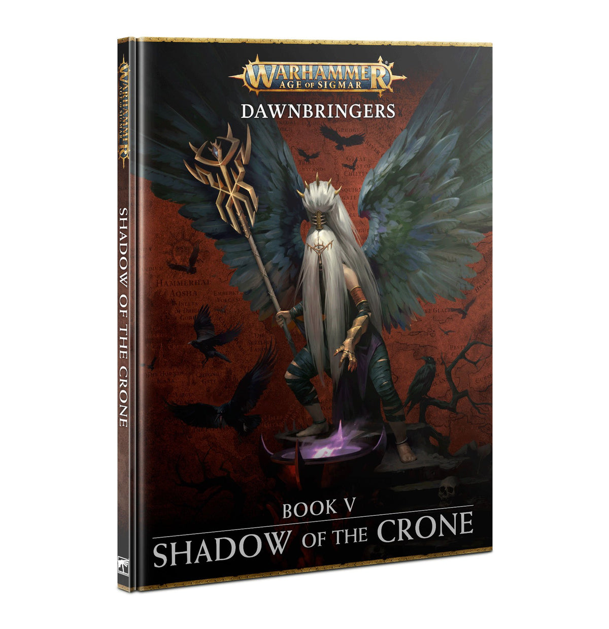 Book shown at an angle with its front cover and spine visible. The cover depicts a white-haired figure with enormous dark blue-gray wings holding a staff against a red background; text reads “WARHAMMER AGE OF SIGMAR,” “DAWNBRINGERS,” and “BOOK V SHADOW OF THE CRONE.”