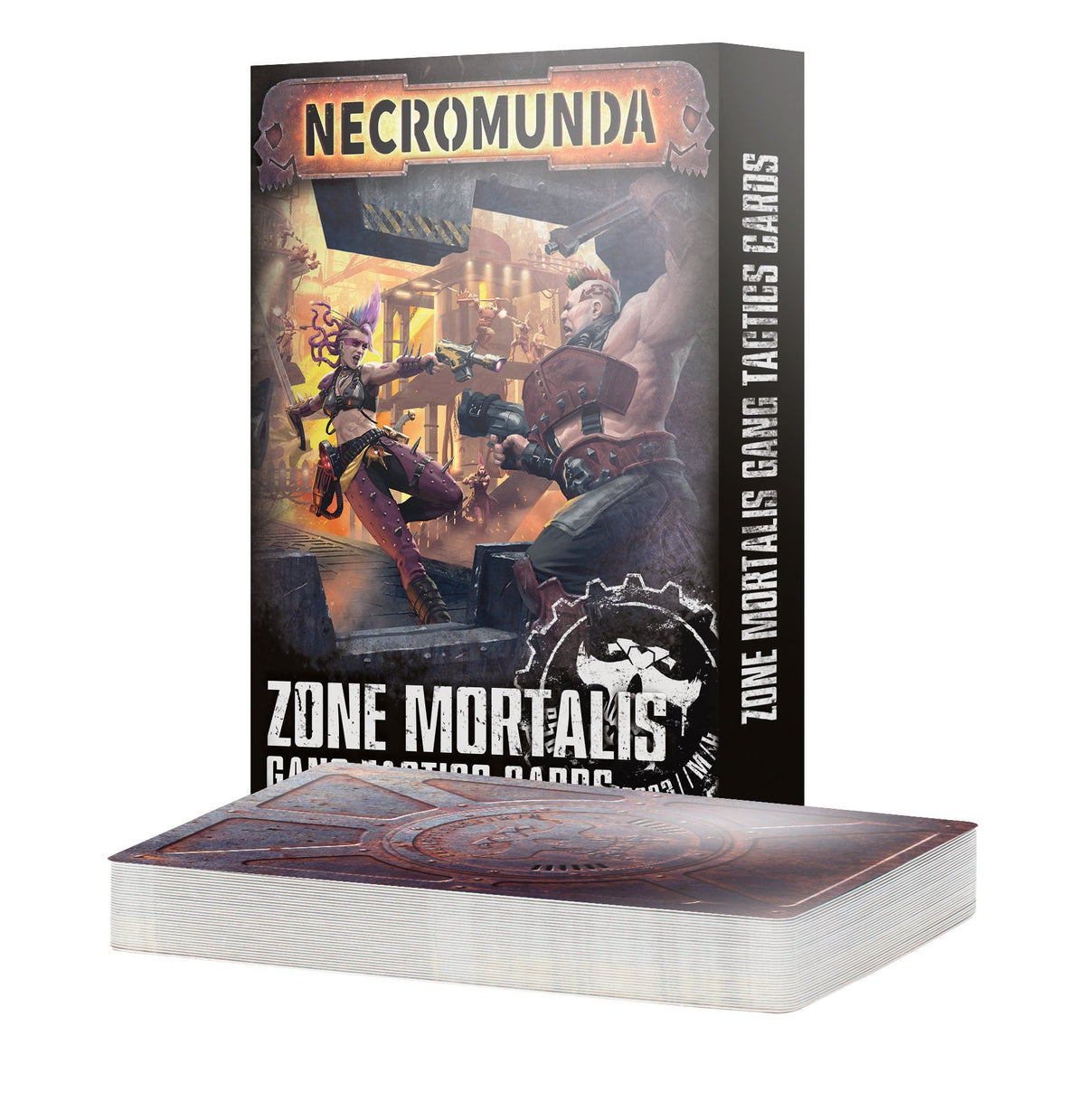 A stack of dark gray and rust-red cards sits in front of an upright box illustrated with two armed fighters in a gritty industrial setting. The box reads “NECROMUNDA” and “ZONE MORTALIS”; the card backs feature a large circular design.