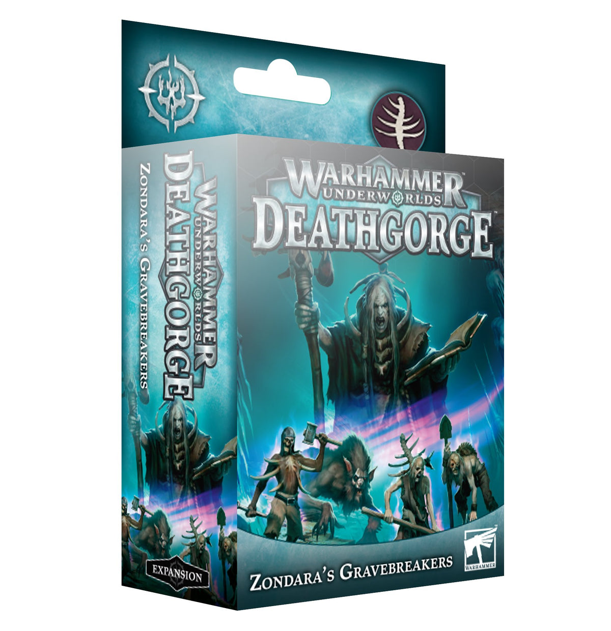 Teal Warhammer Underworlds: Deathgorge expansion box, shown at an angle with its front and left side visible. The artwork depicts a hooded figure above a band of creatures; the package reads “Zondara’s Gravebreakers” and “EXPANSION.”