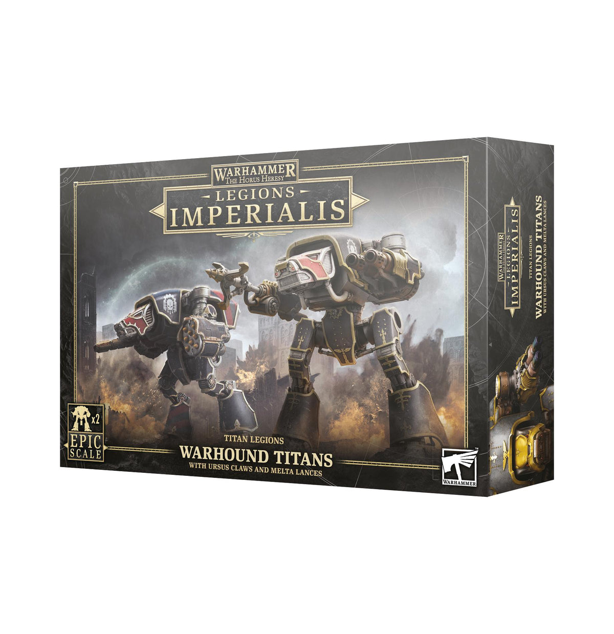 Angled black-and-gold game box showing two dark armored Warhound Titans with red and cream panels against a smoky battlefield; the side panel shows a Titan detail. Front text reads “LEGIONS IMPERIALIS” and “WARHOUND TITANS.”