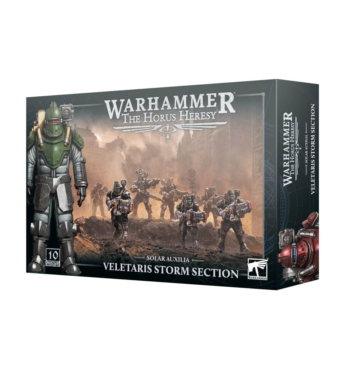 Box for a miniature set, shown from the front and right side. The artwork features armored soldiers, including a large green-armored figure at left and a squad in a battlefield scene; the side shows red armor. Text reads “WARHAMMER THE HORUS HERESY” and “VELETARIS STORM SECTION”.