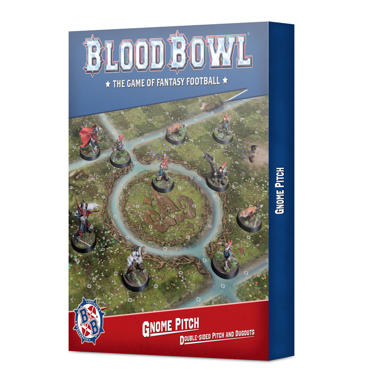 Box for Blood Bowl: Gnome Pitch, with a blue top and side, red lower band, and an illustrated forest football pitch with miniature players. The front reads “BLOOD BOWL,” “THE GAME OF FANTASY FOOTBALL,” and “GNOME PITCH.”
