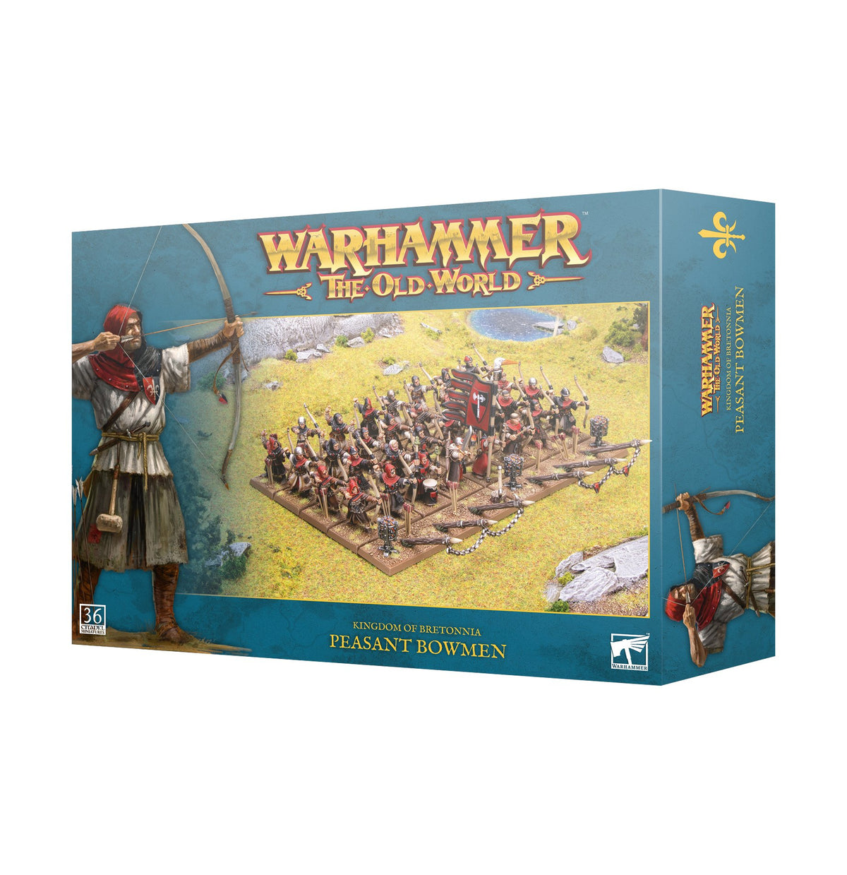 Blue-green box for Bretonnia Peasant Bowmen, with a large archer illustration at left and a regiment of miniature bowmen behind defensive stakes across the front. The front reads “WARHAMMER THE OLD WORLD” and “KINGDOM OF BRETONNIA PEASANT BOWMEN”; an archer is pictured on the right side panel.