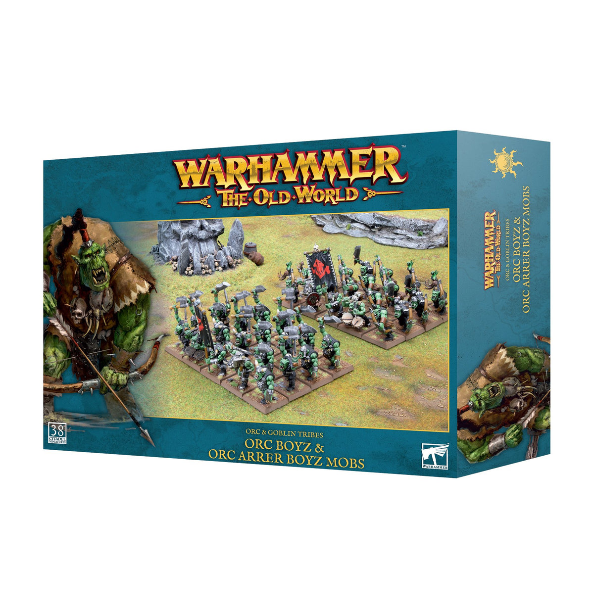 Teal Warhammer game box shown at an angle, with the front and right side visible. The front depicts ranks of green Orc miniatures carrying weapons on a grassy battlefield and reads “WARHAMMER THE OLD WORLD” and “ORC BOYZ & ORC ARRER BOYZ MOBS”; illustrated Orc artwork decorates the sides.